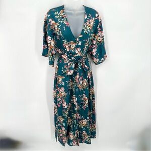 MAISIE JUMPSUIT Women’s S Satin Teal Floral Vneck Wide Crop Split Hem Leg Flowy